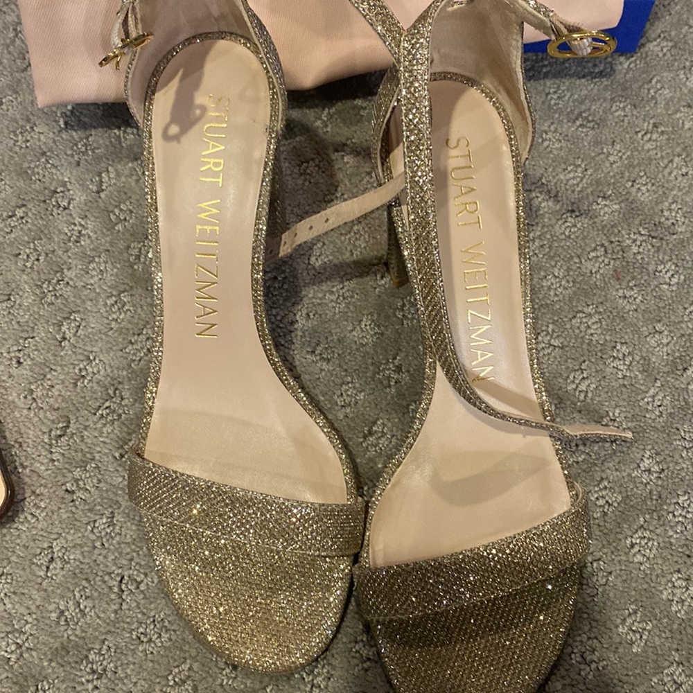 Stuart Weitzman Nudistcurve glitter block heel sandal sz 7 - Picture 2 of 4